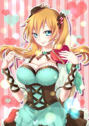 Rule 34 | + +, 1girl, aqua dress, aqua eyes, aqua nails, atatos, blonde hair, box, breasts, cleavage, dress, hair ornament, heart, heart-shaped box, highres, jennifer (love live!), large breasts, long hair, looking at viewer, love live!, love live! school idol festival, nail polish, pink nails, solo, standing, striped, striped background, twintails