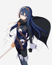 Rule 34 | 1girl, belt, black cape, blue eyes, blue footwear, blue hair, bodysuit, boots, buckle, cape, commentary, falchion (fire emblem), fingerless gloves, fire emblem, fire emblem awakening, floating cape, gloves, gold trim, grey background, hair between eyes, hair spread out, highres, holding, holding sword, holding weapon, lens flare, long hair, looking at viewer, lucina (fire emblem), nintendo, onesie, open mouth, ribbed bodysuit, ryon (ryonhei), simple background, sleeve cuffs, solo, sword, symbol-shaped pupils, thigh boots, thighhighs, tiara, turtleneck, v-shaped eyebrows, weapon