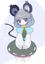 Rule 34 | 1girl, :c, animal ears, capelet, cowboy shot, cropped legs, dotaku (wran8845), grey hair, highres, jewelry, looking at viewer, mouse (animal), mouse ears, mouse tail, nazrin, pendant, red eyes, short hair, side ponytail, solo, tail, touhou, v arms