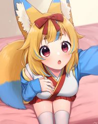 Rule 34 | 1girl, :o, animal ear fluff, animal ears, arm up, bad id, bad pixiv id, bed sheet, blue hair, blue jacket, blurry, blurry background, blush, bow, breasts, brown hair, commentary request, depth of field, fox ears, fox girl, fox tail, hair bow, highres, indie virtual youtuber, jacket, japanese clothes, kimono, long sleeves, medium breasts, multicolored hair, open clothes, open jacket, parted lips, pleated skirt, reaching, reaching towards viewer, red bow, red eyes, red skirt, sakura chiyo (konachi000), selfie, short eyebrows, signature, sitting, skirt, sleeveless, sleeveless kimono, solo, streaked hair, tail, teeth, thick eyebrows, thighhighs, upper teeth only, virtual youtuber, white kimono, white thighhighs, yamano kayo