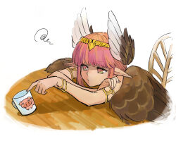 Rule 34 | 1girl, armlet, b suke, bangle, bracelet, brown wings, chair, circe (fate), closed mouth, cup, fate/grand order, fate (series), feather hair ornament, feathers, hair ornament, headpiece, jewelry, looking ahead, mug, pink eyes, pink hair, pink nails, pointy ears, simple background, sitting, solo, squiggle, table, upper body, white background, wings
