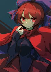 Rule 34 | 1girl, black shirt, blue background, blue bow, bow, breasts, cape, cloak, closed mouth, dullahan, hair bow, highres, long sleeves, myuga66666, one-hour drawing challenge, purple bow, red cloak, red eyes, red hair, red skirt, sekibanki, shirt, short hair, sidelocks, skirt, solo, touhou