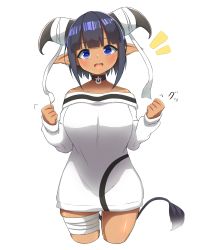 Rule 34 | 1girl, :d, absurdres, bandaged leg, bandages, bare shoulders, black choker, blue eyes, blue hair, blunt bangs, blush, breasts, choker, clenched hands, collarbone, commentary request, cow horns, cow tail, cowboy shot, cropped legs, dark-skinned female, dark skin, dress, hands up, highres, horns, idaten93, large breasts, long sleeves, notice lines, off-shoulder dress, off shoulder, open mouth, original, pointy ears, round teeth, short hair, sidelocks, simple background, sleeves past wrists, smile, solo, tail, teeth, upper teeth only, white background, white dress