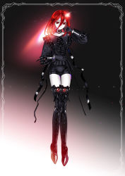 Rule 34 | 1other, artist name, black background, black footwear, black gloves, black ribbon, black shirt, bloodcat (babacatcat), boots, border, center frills, character name, choker, cinnabar, cinnabar (houseki no kuni), closed mouth, collarbone, cross-laced footwear, formal, frilled shirt collar, frilled sleeves, frills, frown, full body, gem, gloves, gradient background, hair between eyes, hand on own stomach, hand up, houseki no kuni, lace-up boots, long sleeves, looking at viewer, matching hair/eyes, medium hair, other focus, red eyes, red hair, ribbon, shirt, solo, thigh boots, thigh gap, thighhighs