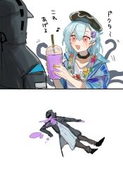 Rule 34 | 1boy, 1other, 2koma, :d, arknights, beret, black choker, black headwear, black jacket, blue hair, choker, collarbone, comic, cup, disposable cup, doctor (arknights), drinking straw, flower, flower necklace, grimace shake (meme), hands up, hat, highres, holding, holding cup, hood, hooded jacket, infection monitor (arknights), jacket, jellyfish hair ornament, jewelry, long sleeves, looking at another, lying, male focus, meme, mizuki (arknights), mizuki (summer feast) (arknights), necklace, on back, open mouth, pink eyes, senjou no pentsu, smile, tentacles, translation request, unconscious