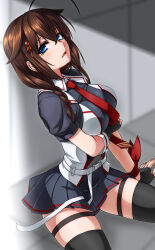 Rule 34 | 1girl, absurdres, ahoge, akito (sub707), belt, black gloves, black hair, blue eyes, braid, breasts, brown hair, gloves, hair between eyes, hair flaps, hair over shoulder, highres, kantai collection, large breasts, long hair, looking at viewer, necktie, pleated skirt, red necktie, shigure (kancolle), shigure kai san (kancolle), shirt, single braid, skirt, solo, white belt