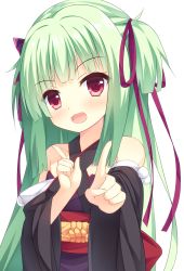 Rule 34 | 1girl, :d, absurdres, bad id, bad pixiv id, bare shoulders, blush, butterfly hair ornament, collarbone, detached sleeves, fingernails, green hair, hair ornament, hair ribbon, halterneck, hand up, head tilt, highres, index finger raised, japanese clothes, koi dance, long hair, long sleeves, looking at viewer, minatsuki kou, murasame (senren), open mouth, outstretched arm, purple eyes, purple ribbon, ribbon, senren banka, shiny skin, simple background, smile, solo, two side up, upper body, white background, wide sleeves, yuzu-soft