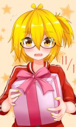 Rule 34 | 1girl, absurdres, akita neru, blonde hair, blush, box, commentary, dated, english commentary, fang, gift, floral bow, glasses, hair ornament, hairclip, hayana neru, highres, holding, holding box, holding gift, jacket, nail polish, open mouth, ponytail, red jacket, semi-rimless eyewear, solo, star (symbol), starry background, sweat, track jacket, upper body, vocaloid, yellow eyes, yellow nails