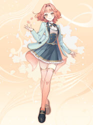 Rule 34 | 1girl, black footwear, blue jacket, blue skirt, brown background, brown eyes, brown flower, brown hair, brown thighhighs, commentary request, crossed legs, earrings, full body, grin, hair intakes, hibiki koto, highres, jacket, jewelry, loafers, long sleeves, looking at viewer, nou (nounknown), official art, open clothes, open jacket, pleated skirt, shirt, shoes, skirt, smile, solo, standing, thighhighs, vocaloid, white shirt