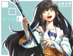 Rule 34 | 1girl, 2020, :d, black hair, blue background, border, bridal gauntlets, character name, collarbone, commentary request, dated, detached sleeves, dress, gensou suikoden, gensou suikoden ii, gloves, green eyes, highres, holding, holding staff, ikunosake, jewelry, long hair, necklace, open mouth, smile, solo, staff, twitter username, very long hair, viki (suikoden), white border, white dress, white gloves, white sleeves