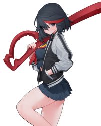 Rule 34 | 1girl, absurdres, black hair, black jacket, blue eyes, blush, closed mouth, eyes visible through hair, hand in pocket, highres, holding, holding sword, holding weapon, jacket, kill la kill, matoi ryuuko, multicolored hair, over shoulder, rabbit (wlsdnjs950), red hair, red neckwear, short hair, simple background, skirt, solo, sweat, sword, sword over shoulder, weapon, weapon over shoulder, white background, zipper, zipper pull tab