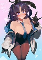 Rule 34 | 1girl, 2023, @ @, \n/, animal ears, arm at side, bare shoulders, black leotard, blue archive, blush, breasts, brown pantyhose, cleavage, closed mouth, detached collar, fake animal ears, gloves, half gloves, hand up, happy new year, harusame-r, highres, jacket, large breasts, leaning forward, leotard, leotard under clothes, long hair, long sleeves, looking at viewer, looking back, necktie, nervous, nervous smile, new year, off shoulder, open clothes, open jacket, outstretched hand, pantyhose, parted bangs, playboy bunny, purple eyes, purple hair, rabbit ears, smile, solo, strapless, strapless leotard, sweat, thigh gap, two side up, v-shaped eyebrows, yuuka (blue archive)