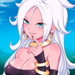 Rule 34 | 1girl, android 21, arc system works, artist name, bandeau, bare shoulders, blue eyes, blue sky, breasts, cleavage, cloud, colored skin, dragon ball, dragon ball fighterz, female focus, grin, hair between eyes, large breasts, long hair, looking at viewer, majin android 21, meru rumi, outdoors, pink skin, pointy ears, sidelocks, sky, smile, solo, teeth, very long hair, white hair