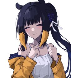 Rule 34 | 1girl, absurdres, black hair, blue coat, blunt bangs, blush, closed eyes, coat, commentary, dress, english commentary, gradient hair, hair ribbon, highres, hololive, hololive english, long hair, long sleeves, mentally deficient, mole, mole under eye, multicolored coat, multicolored hair, ninomae ina&#039;nis, official alternate costume, official alternate hairstyle, orange hair, pointy ears, ponytail, raincoat, ribbon, sidelocks, simple background, smile, solo, spaghetti strap, sundress, tentacle hair, textless version, two-sided coat, two-sided fabric, two-tone coat, upper body, violet (ninomae ina&#039;nis), virtual youtuber, white background, white dress, white ribbon, yellow coat, yellow raincoat