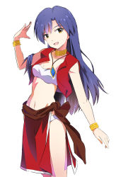 Rule 34 | 1girl, blue hair, bra, bracelet, breasts, brown eyes, choker, cleavage, collarbone, cosplay, cowboy shot, fang, floating hair, fushigi no umi no nadia, head tilt, idolmaster, idolmaster (classic), jewelry, kisaragi chihaya, long hair, looking at viewer, midriff, nadia la arwall, nadia la arwall (cosplay), navel, necklace, ns.x, panties, simple background, small breasts, solo, standing, stomach, strapless, strapless bra, underwear, very long hair, white background, white bra, white panties