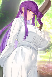 Rule 34 | 1girl, absurdres, arm behind back, blunt bangs, blush, breasts, closed mouth, commentary, commission, day, dress, english commentary, fern (sousou no frieren), highres, holding, holding staff, large breasts, long hair, long sleeves, looking at viewer, mage staff, makudesu, outdoors, purple hair, sidelocks, solo, sousou no frieren, staff, straight hair, very long hair, white dress