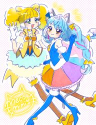 Rule 34 | 2girls, animal ears, aqua hair, aqua skirt, blonde hair, blue footwear, blue gloves, blue hair, blunt bangs, bow, bowtie, braid, brooch, bubble skirt, cat ears, cat tail, choker, commentary request, cone hair bun, cure cosmo, cure sparkle, earrings, elbow gloves, extra ears, fur-trimmed gloves, fur trim, gloves, green eyes, hair bun, hair ornament, hat, healin&#039; good precure, heart, heart hair ornament, hiramitsu hinata, hoppetoonaka3, jewelry, long hair, magical girl, mini hat, multicolored clothes, multicolored skirt, multiple girls, open mouth, orange bow, orange bowtie, paw pose, pom pom (clothes), pom pom earrings, precure, simple background, skirt, smile, star brooch, star twinkle precure, tail, thighhighs, triangle hair ornament, twin braids, twintails, vest, white gloves, yellow choker, yellow eyes, yellow footwear, yellow vest, yuni (precure)