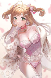 Rule 34 | anoa, blonde hair, breasts, cheetah print, cleavage, coat, finger to mouth, fur trim, garter straps, green eyes, highres, idolmaster, idolmaster cinderella girls, jewelry, large breasts, lingerie, necklace, panties, sato shin, thighhighs, thighs, twintails, underwear