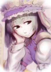Rule 34 | 1girl, closed mouth, commentary request, frilled hairband, frills, green eyes, green hair, hairband, hand on own face, highres, long sleeves, looking to the side, purple hairband, purple shirt, shiki eiki, shirt, short hair, smile, solo, soon (c-u-soon), touhou, upper body, white sleeves