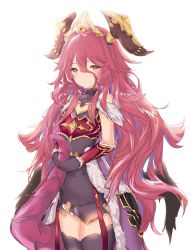 Rule 34 | 1girl, absurdres, alternate breast size, armor, bare shoulders, black gloves, black legwear, blush, breasts, brown eyes, cleavage, cleavage cutout, closed mouth, clothing cutout, collarbone, crown, dragalia lost, dragon girl, dragon horns, dragon tail, fur-trimmed armor, fur trim, gloves, hair between eyes, heart, heart cutout, highres, holding tail, horns, long hair, mini wings, mym (dragalia lost), red hair, shiny skin, simple background, smile, solo, tail, turtleneck, vambraces, white background, wings, xeirn