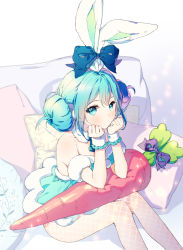 Rule 34 | 1girl, animal ears, aqua hair, arm support, bare shoulders, bicute bunnies miku, black ribbon, blurry, blurry background, bow, carrot-shaped pillow, couch, dot nose, double bun, ear bow, ears visible through hair, elbow rest, expressionless, eyelashes, fake animal ears, feet out of frame, fishnet pantyhose, fishnets, floral print, food-themed pillow, frilled cuffs, frills, from above, fur trim, hair between eyes, hair bun, hatsune miku, head rest, highres, leaf print, light blush, light particles, looking at viewer, looking up, on couch, pantyhose, parted lips, pillow, pom pom (clothes), rabbit ears, ribbon, rumi (rarumi11), shadow, sideways glance, sitting, solo, sparkle, stuffed toy, translucent hair, vocaloid, wrist cuffs