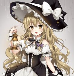 Rule 34 | 1girl, :d, apron, bad id, bad pixiv id, bare shoulders, black bow, black bowtie, black hat, black skirt, blonde hair, bow, bowtie, braid, breasts, brown eyes, commentary, detached collar, frilled apron, frills, grey background, hair bow, hand up, hat, hat bow, holding, holding lantern, kirisame marisa, lantern, long hair, looking at viewer, mayo (miyusa), medium breasts, off-shoulder shirt, off shoulder, open mouth, petticoat, puffy short sleeves, puffy sleeves, purple bow, shirt, short sleeves, simple background, single braid, skirt, smile, solo, touhou, upper body, waist apron, white apron, white bow, white shirt, witch hat, wrist cuffs