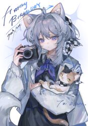 Rule 34 | 1girl, animal, animal ear fluff, animal ears, antenna hair, black skirt, black vest, blue eyes, blue neckerchief, calico, camera, cat, cat ears, cat girl, cat tail, chinese commentary, collared shirt, commentary request, dated, dot mouth, expressionless, grey hair, hair intakes, hair ribbon, hand up, happy birthday, highres, holding, holding animal, holding camera, holding cat, jacket, long sleeves, looking at viewer, medium hair, neckerchief, open clothes, open jacket, original, procreate (medium), ribbon, shirt, shixiaoqina, simple background, skirt, solo, tail, upper body, vest, white background, white jacket