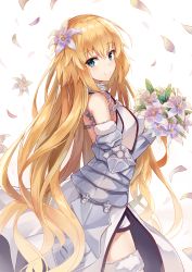 Rule 34 | 1girl, absurdres, armor, armored dress, bare shoulders, blonde hair, blue eyes, bouquet, breasts, chain, collar, dress, fate/grand order, fate (series), faulds, flower, from side, fur-trimmed legwear, fur trim, gauntlets, hair flower, hair ornament, highres, holding, holding bouquet, jeanne d&#039;arc (fate), jeanne d&#039;arc (ruler) (fate), jeanne d&#039;arc (third ascension) (fate), long hair, looking at viewer, looking to the side, medium breasts, petals, simple background, sleeveless, sleeveless dress, solo, standing, straight hair, thighhighs, usagi an, very long hair, white background, white dress, white flower, white thighhighs