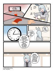 Rule 34 | 1girl, animal ears, arknights, baking, batter, christmas, christmas stocking, closed eyes, comic, cooking, english text, frostnova (arknights), gingerbread cookie, gingerbread man, highres, holding, holding whisk, mixing bowl, music, oven, rabbit ears, rabbit girl, right-to-left comic, singing, solo, speech bubble, tofudofu, whisk