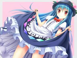 Rule 34 | &gt;:), 1girl, blue hair, blush, bow, clothes lift, dress, dress lift, female focus, food, fruit, fujino (yoshi9798174), hat, hinanawi tenshi, long hair, peach, pink background, red eyes, smile, solo, touhou, v-shaped eyebrows