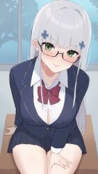 Rule 34 | 1girl, absurdres, bare legs, black-framed eyewear, blazer, blue jacket, blue skirt, blunt bangs, blush, bow, bowtie, breasts, collared shirt, desk, girls&#039; frontline, glasses, green eyes, grey hair, hand on own thigh, hiepita97, highres, hk416 (girls&#039; frontline), indoors, jacket, large breasts, legs together, long hair, long sleeves, looking at viewer, miniskirt, on desk, open mouth, pleated skirt, red bow, red bowtie, school uniform, semi-rimless eyewear, shirt, sitting, skirt, smile, solo, teardrop facial mark, teardrop tattoo, thighs, unbuttoned, unbuttoned shirt, under-rim eyewear, very long hair, white shirt