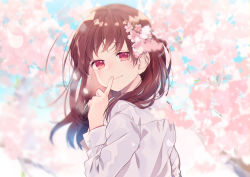 Rule 34 | 1girl, blurry, blush, brown hair, cherry blossoms, depth of field, finger to mouth, floating hair, flower, hair flower, hair ornament, hair over shoulder, highres, long sleeves, looking at viewer, looking back, omutatsu, original, outdoors, petals, red eyes, shirt, sidelocks, smile, solo, standing, tree, upper body, white shirt, wind