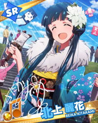 Rule 34 | 10s, 2girls, ^ ^, beamed quavers, blue hair, blue sky, card (medium), character name, character signature, closed eyes, cloud, day, floral print, flower, hair flower, hair ornament, idolmaster, idolmaster million live!, japanese clothes, kimono, kitakami reika, kite, long hair, low twintails, matsuda arisa, multiple girls, musical note, official art, open mouth, signature, sky, smile, solo focus, sunlight, twintails
