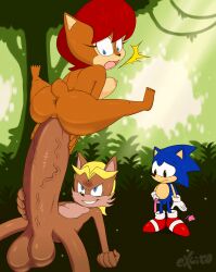 Rule 34 | absurdres, antoine d&#039;coolette, anus, ass, breasts, condom, excito, gigantic penis, highres, jungle, medium breasts, nature, netorare, penis, sally acorn, sex, small penis, small penis humiliation, sonic (series), sonic the hedgehog, testicles, vaginal, veins, veiny penis