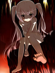 Rule 34 | 1girl, bare shoulders, barefoot, endive, feet, ghast, heart, heart-shaped pupils, long hair, minecraft, personification, red eyes, sitting, soles, solo, symbol-shaped pupils, toes, white hair
