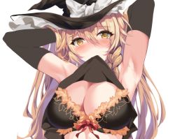 Rule 34 | 1girl, armpits, arms behind head, arms up, blonde hair, bra, braid, breasts, cleavage, clothes lift, elbow gloves, frilled bra, frills, gloves, hat, kaeranu kaeru, kirisame marisa, large breasts, presenting armpit, shirt lift, side braid, simple background, single braid, solo, touhou, underwear, white background, witch hat