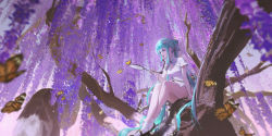 Rule 34 | 1girl, absurdly long hair, absurdres, bare legs, blue bow, blue eyes, blue hair, bow, bug, butterfly, china dress, chinese clothes, dress, flower, from below, hair between eyes, hair bow, hatsune miku, highres, holding, in tree, insect, long hair, no panties, open mouth, purple theme, shaohua hatsune miku, short dress, short sleeves, side slit, sitting, sitting in tree, socks, solo, tree, ttk (kirinottk), very long hair, vocaloid, white dress, white socks, wisteria