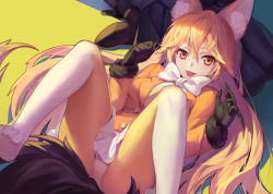 Rule 34 | 10s, 2girls, :p, animal ears, arms at sides, black footwear, black gloves, black pantyhose, black skirt, blonde hair, bow, bowtie, breasts, buttons, chunrijun (springer), commentary request, ezo red fox (kemono friends), feet, fox ears, fox tail, from above, fur-trimmed sleeves, fur trim, gloves, hair between eyes, jacket, kemono friends, lap pillow, legs, legs up, long hair, long sleeves, lower body, lying, medium breasts, miniskirt, multicolored clothes, multicolored legwear, multiple girls, necktie, no shoes, on back, orange jacket, out of frame, panties, panties over pantyhose, pantyhose, pleated skirt, seiza, shoes, silver fox (kemono friends), sitting, skirt, smile, solo focus, tail, toe scrunch, tongue, tongue out, underwear, upskirt, very long hair, white bow, white bowtie, white panties, white skirt, yellow eyes, yellow necktie