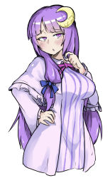 Rule 34 | 1girl, blunt bangs, blush, bow, breasts, cowboy shot, crescent, crescent hair ornament, dress, embarrassed, hair bow, hair ornament, half-closed eyes, hand on own hip, highres, large breasts, long hair, patchouli knowledge, purple dress, purple eyes, purple hair, purple theme, simple background, solo, straight hair, touhou, white-stew, white background