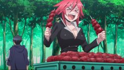 Rule 34 | 10s, 1boy, 1girl, animated, animated gif, breasts, business suit, cleavage, closed eyes, eating, food, forest, formal, kurusu kimihito, large breasts, meat, monster girl, monster musume no iru nichijou, nature, red hair, scar, short hair, smile, suit, tree, zombina (monster musume)