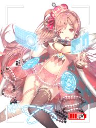 Rule 34 | 1girl, aile (crossroads), asymmetrical legwear, battery indicator, black ribbon, breasts, cape, cleavage, clothing cutout, crown, dress, earphones, fishnets, garam (soccer spirits), hologram, holographic monitor, looking at viewer, mismatched legwear, navel cutout, official art, one eye closed, open mouth, pink cape, pink eyes, pink hair, prism, recording, resized, ribbon, soccer spirits, stomach, stream, striped ribbon, thighhighs, transparent background, upscaled, v, virtual youtuber