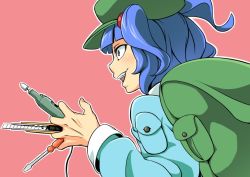 Rule 34 | 1girl, backpack, bad id, bad pixiv id, bag, blue eyes, blue hair, boxcutter, constricted pupils, crazy eyes, crazy smile, evil smile, fingernails, hair bobbles, hair ornament, hat, kawashiro nitori, long sleeves, matching hair/eyes, open mouth, profile, screwdriver, short hair, smile, solo, tell (teruhisa428), tools, touhou, twintails, two side up