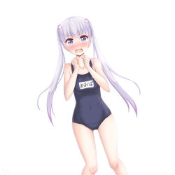 Rule 34 | 1girl, absurdres, blue one-piece swimsuit, blush, breasts, character name, collarbone, covered navel, dutch angle, embarrassed, floating hair, flower, gluteal fold, hair flower, hair ornament, highres, long hair, looking at viewer, new game!, one-piece swimsuit, open mouth, purple eyes, sainohikari, school swimsuit, shiny skin, silver hair, simple background, small breasts, solo, standing, suzukaze aoba, swimsuit, twintails, very long hair, wavy mouth, white background