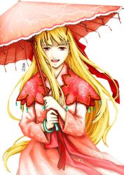 Rule 34 | 00s, 1girl, antaria, blonde hair, kye wol hyang, long hair, looking at viewer, oil-paper umbrella, open mouth, red eyes, shin angyou onshi, signature, solo, umbrella, very long hair