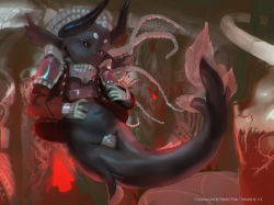 Rule 34 | 1=2, 1girl, :q, artist name, black eyes, black skin, colored skin, commission, crotch plate, facing viewer, fins, fish tail, food, horns, jacket, looking at viewer, monster girl, navel, original, red jacket, solo, tail, tongue, tongue out, underwater