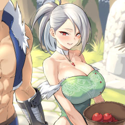 Rule 34 | 1boy, 1girl, abs, absurdres, apple, bandaged arm, bandages, bare shoulders, basket, blue vest, blurry, blurry background, breasts, choker, cleavage, dungeon and fighter, food, fruit, fur trim, green leotard, head out of frame, high ponytail, highres, holding, holding basket, huge breasts, jewelry, kook, leotard, looking at another, muscular, muscular male, necklace, open mouth, out of frame, outdoors, red eyes, seria kirmin, single sidelock, vest, white choker