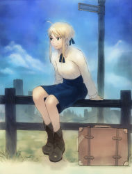 Rule 34 | ahoge, artoria pendragon (all), artoria pendragon (fate), bare legs, blonde hair, boots, castle, casual, dress, england, fate/stay night, fate (series), fence, green eyes, hair ribbon, lolihorn, no legwear, ribbon, saber (fate), sign, sitting, solo, suitcase