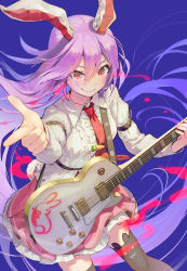Rule 34 | 1girl, alternate costume, animal ears, black thighhighs, blouse, blue background, blush, buttons, carrot, finger gun, guitar, highres, instrument, light purple hair, long hair, long sleeves, looking at viewer, pink skirt, pleated skirt, pointing, pointing at viewer, purple hair, rabbit ears, rabbit girl, red eyes, red neckwear, reisen udongein inaba, shirt, skirt, smile, solo, syuri22, thighhighs, touhou, very long hair, white shirt