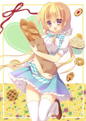 Rule 34 | 1girl, :d, apron, aqua bow, aqua bowtie, bad id, bad pixiv id, bag, baguette, blonde hair, blouse, bow, bowtie, bread, carrying, cookie, cupcake, floral background, food, gingham apron, grey eyes, heart, kobeya uniform, long hair, looking at viewer, low twintails, open mouth, original, paper bag, plaid, plaid apron, sakura yuzuna, shirt, smile, solo, sumisaki yuzuna, thighhighs, twintails, very long hair, waffle, white shirt, white thighhighs