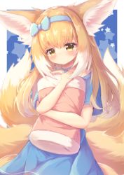 Rule 34 | 1girl, absurdres, animal ears, arknights, blonde hair, blue background, blue bow, blue dress, blue hairband, blue ribbon, blush, border, bow, chrocatz, colored tips, cowboy shot, dress, fox ears, fox girl, fox tail, hair bow, hairband, highres, hugging object, kitsune, looking at viewer, multicolored hair, multiple tails, neck ribbon, outside border, pillow, pillow hug, ribbon, simple background, solo, star (symbol), starry background, streaked hair, suzuran (arknights), tail, white border, white hair, yellow eyes